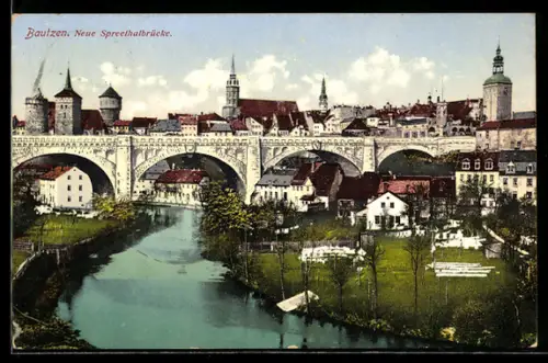 AK Bautzen, Neue Spreetalbrücke und Stadtpanorama