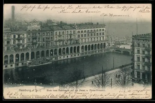 AK Hamburg, Blick vom Rathaus auf die Alster und Alster-Arkaden