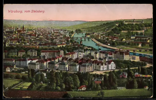AK Würzburg, Blick vom Steinberg auf Stadt und Main