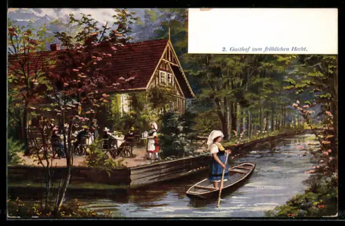 Künstler-AK Lehde /Spreewald, Gasthof zum fröhlichen Hecht, Kahnfahrt