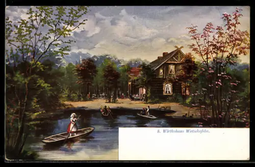 Künstler-AK Lehde /Spreewald, Gasthaus Wotschofska, Teich, Boote