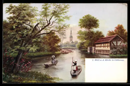 AK Lübbenau, Blick auf die Kirche, Spreewaldkähne