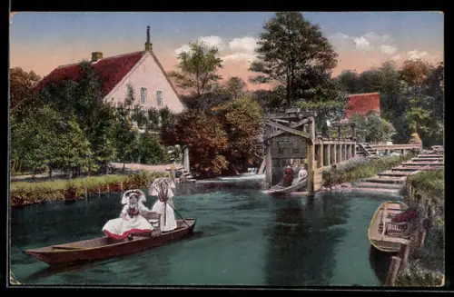 AK Neu-Zauche /Spreewald, Kanno-Mühle, Schleuse, Flussansicht mit Booten