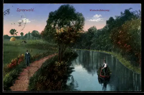AK Lübbenau /Spreewald, Wotschofskaweg, Flusslauf, Kahnfahrer, Spazierweg