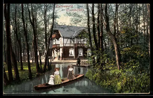 AK Spreewald, Woischofska, Gasthaus am Wasser, Kahnfahrt