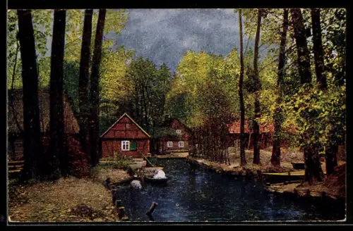 AK Lehde /Spreewald, Dorfeingang, Wasserlauf, Fachwerkhäuser