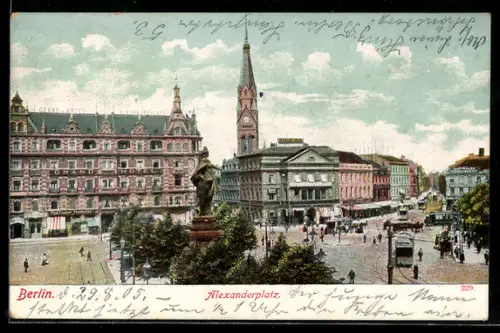 AK Berlin, Alexanderplatz, Grand Hotel, Kirche, Statue, Strassenbahn