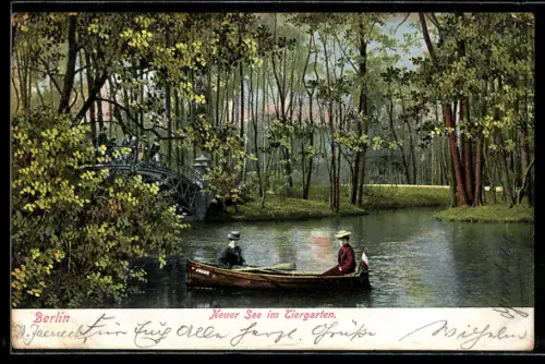 AK Berlin, Neuer See im Tiergarten, Bootsfahrt und Brücke