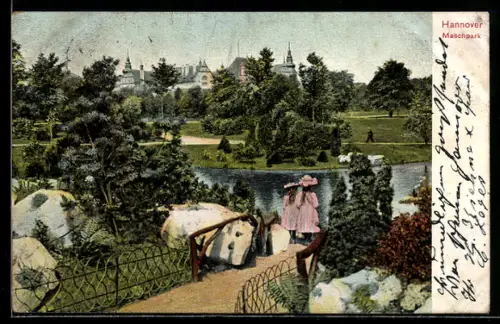 AK Hannover, Maschpark, Parklandschaft, Spaziergänger, Turmpanorama