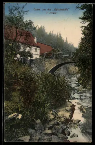AK Stolpen, Gasthaus Buschmühle, Brücke, Bach