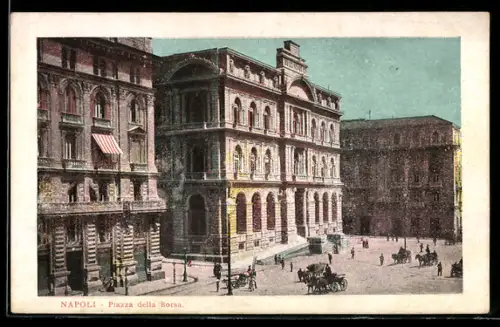 AK Napoli, Piazza della Borsa con carrozze e passanti