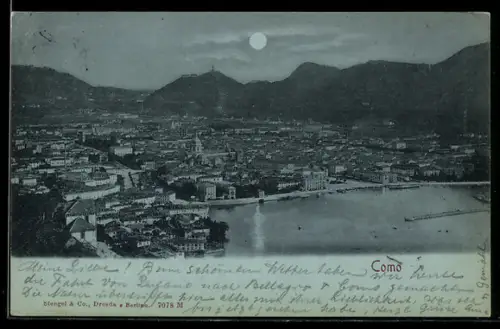 Mondschein-AK Como, Vista notturna panoramica sul lago e città sotto la luna piena