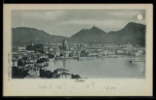 Mondschein-AK Como, Vista panoramica del lago e della città con montagne sullo sfondo