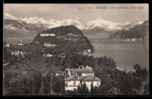 AK Bellagio /Lago di Como, Villa Serbelloni e Villa Giulia con vista sul Lago di Como e montagne innevate