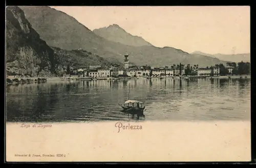 AK Porlezza /Lago di Lugano, Vista sul Lago di Lugano con barca in primo piano