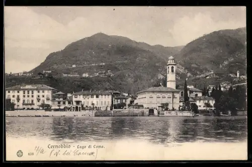 AK Cernobbio /Lago di Como, Vista panoramica con chiesa e montagne sullo sfondo