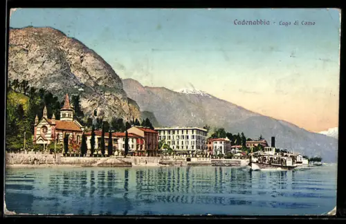 AK Cadenabbia /Lago di Como, Vista sul lungolago con montagna e un battello sul lago