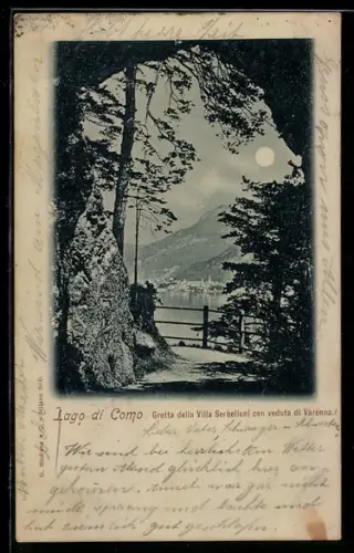 Mondschein-AK Varenna /Lago di Como, Grotta della Villa Salveolina con veduta di Varenna