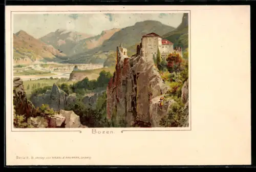 Lithographie Bozen, Vista del castello su rocce con paesaggio montano e verde vallata sullo sfondo