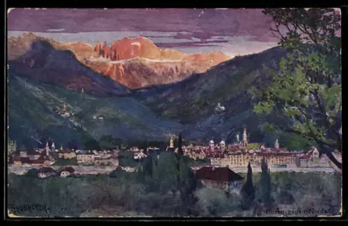 Künstler-AK Bozen, Vista verso nord con montagne sullo sfondo al tramonto