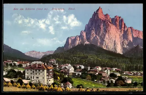 AK Seis /Schlern, Gasthaus Seiserhof mit den Dolomiten