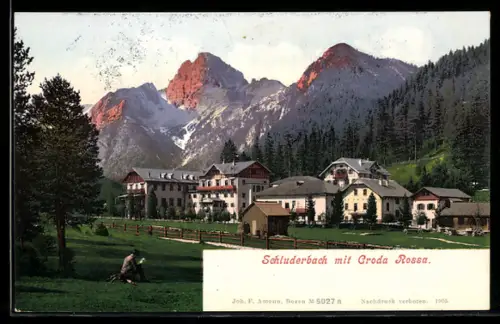 AK Schluderbach, Vista sulla Croda Rossa con edifici storici e paesaggio alpino