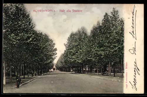 AK Alessandria, Viale alla Stazione con alberi e figura solitaria