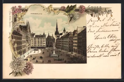 Lithographie München, Marienplatz mit Strassenbahn