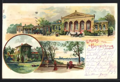 Lithographie Magdeburg, Blick auf das Restaurant Herrenkrug