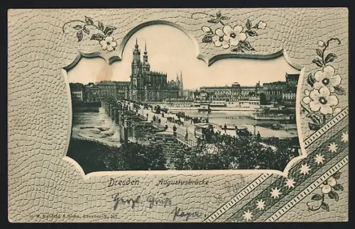 AK Dresden, Augustusbrücke, gerahmt von Blumen
