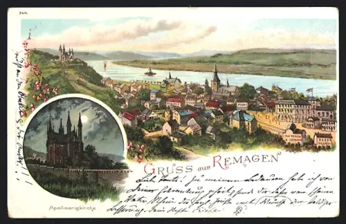 Lithographie Remagen, Apollinariskirche, Panorama