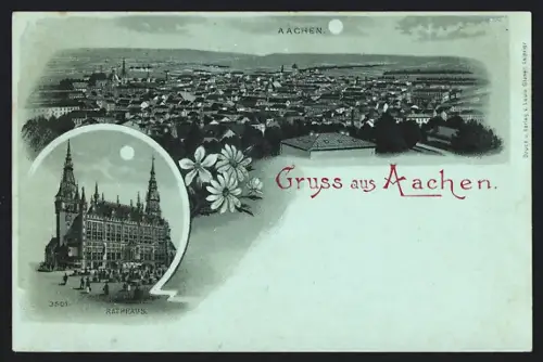 Mondschein-AK Aachen, Panorama der Stadt, Ansicht vom Rathaus