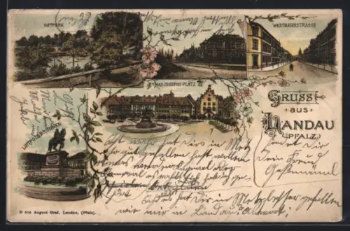 Lithographie Landau, Westbahnstrasse, Max-Josephs-Platz, An 44, Luitpoldbrunnen