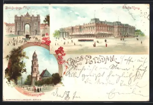 Lithographie Potsdam, Garnisonkirche, Stadtschloss und Brandenburger Tor, Pferdebahn