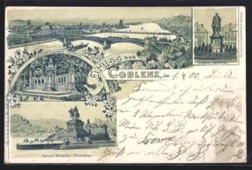 Lithographie Coblenz, Kaiserin Augusta Denkmal, Goeben-Denkmal, Kaiser-Wilhelm-Denkmal