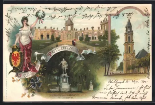 Lithographie Potsdam, Schloss mit Schlosswache, Garnison-Kirche, Standbild im Lustgarten