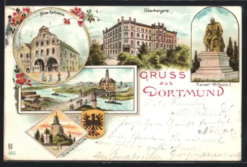 Lithographie Dortmund, Altes Rathaus, Oberbergamt, Denkmal Kaiser Wilhelm I., Steinersturm