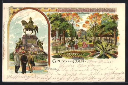 Lithographie Köln-Neustadt, Kaiser Wilhelm-Ring, Denkmal Kaiser Wilhelm I.