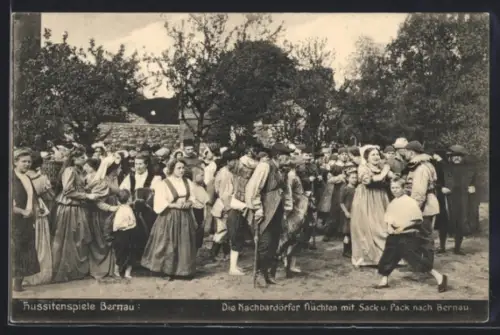 AK Bernau, Hussitenspiele, die Nachbardörfer flüchten mit Sack und Pack