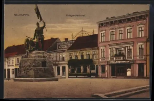 AK Neuruppin, Kriegerdenkmal, Konditorei und Café Ernst Langermann