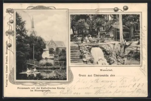 AK Eberswalde, Promenade mit der Katholischen Kirche, Wasserfall