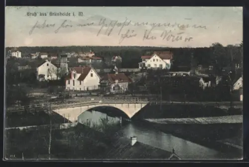 AK Grünheide i. M., Ortsansicht mit Brücke