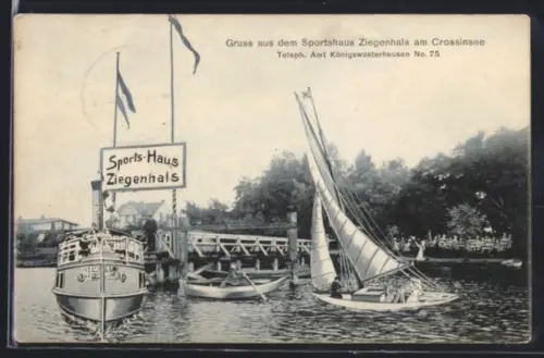 AK Ziegenhals am Crossinsee, Anlegebrücke vom Sports-Haus Ziegenhals, Dampfer an der Landungsbrücke, Segelboot