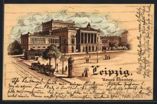 Lithographie Leipzig, Ansicht vom Neuen Theater, Litfasssäule