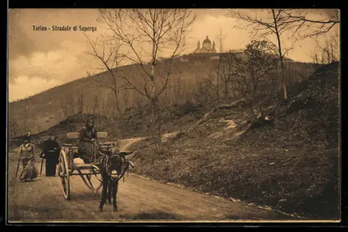 AK Torino, Stradale di Superga con carro trainato da capra sullo sfondo della basilica
