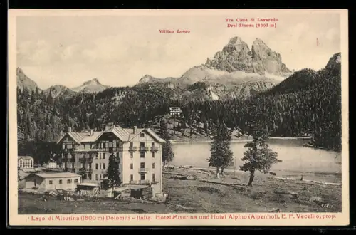 AK Misurina, Hotel Misurina e Hotel Alpino con Tre Cime di Lavaredo sullo sfondo