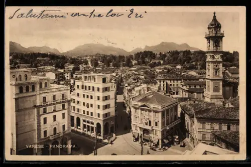 AK Varese, Panorama della città con vista sulla torre campanaria e montagne sullo sfondo