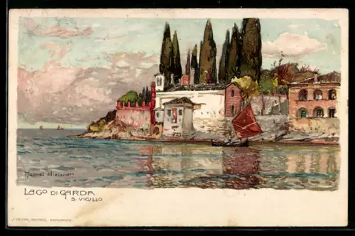 Künstler-AK S. Vigilio /Lago di Garda, Pittoresca vista del lago con barca a vela e cipressi sullo sfondo