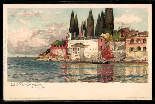 Künstler-AK S. Vigilio /Lago di Garda, Pittorica vista del lago e edifici storici con barca a vela