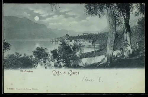 Mondschein-AK Malcesine, Lago di Garda con paesaggio serale e luna piena